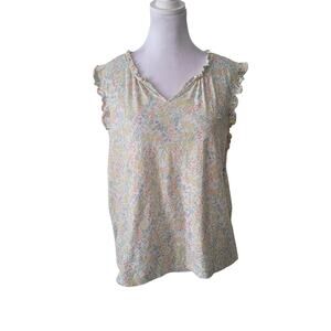 Lauren Ralph Lauren Size XL Black Label Pastel Floral Ruffle Trim Sleeveless Top